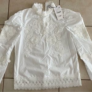 Zara white puffy sleeves embroidered top